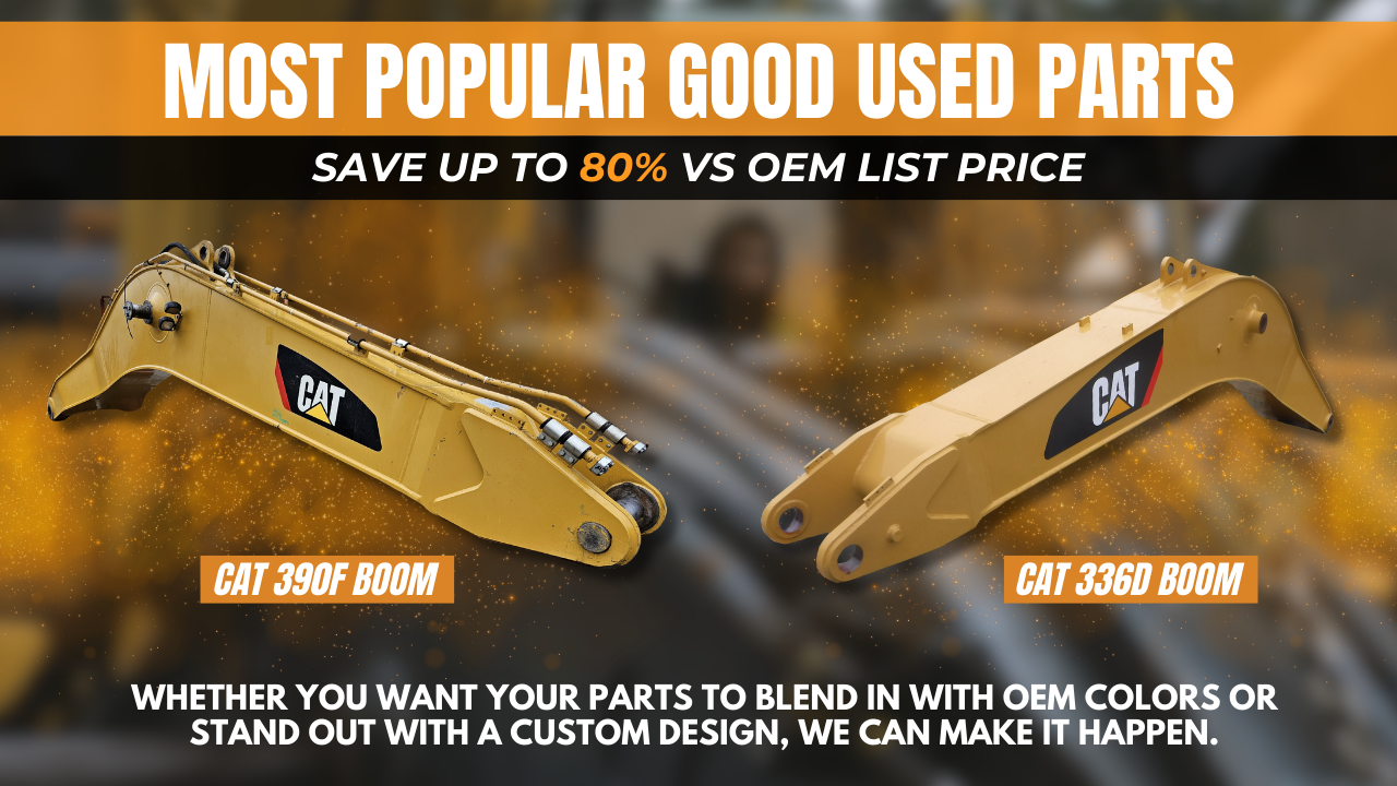 Popular Used Caterpillar Parts at Brikers: CAT 390F boom and CAT 336D boom painted to OEM colors
